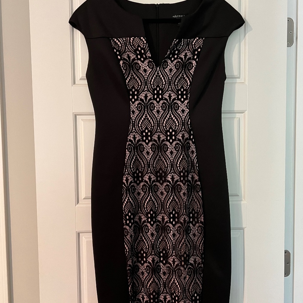 Black pencil dress with lacy panel - size 6